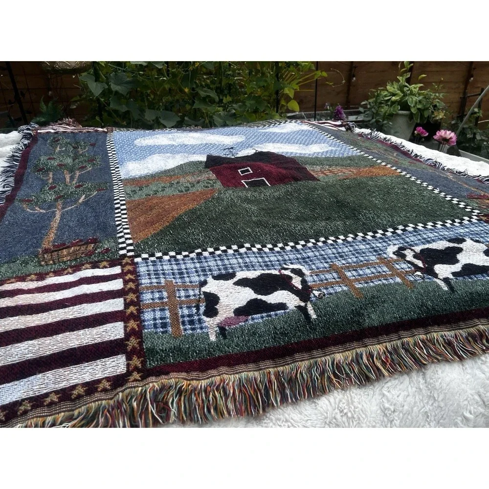 Farmhouse Woven Throw Blanket Red Barn Cows Rooster Americana Fringe 56x48